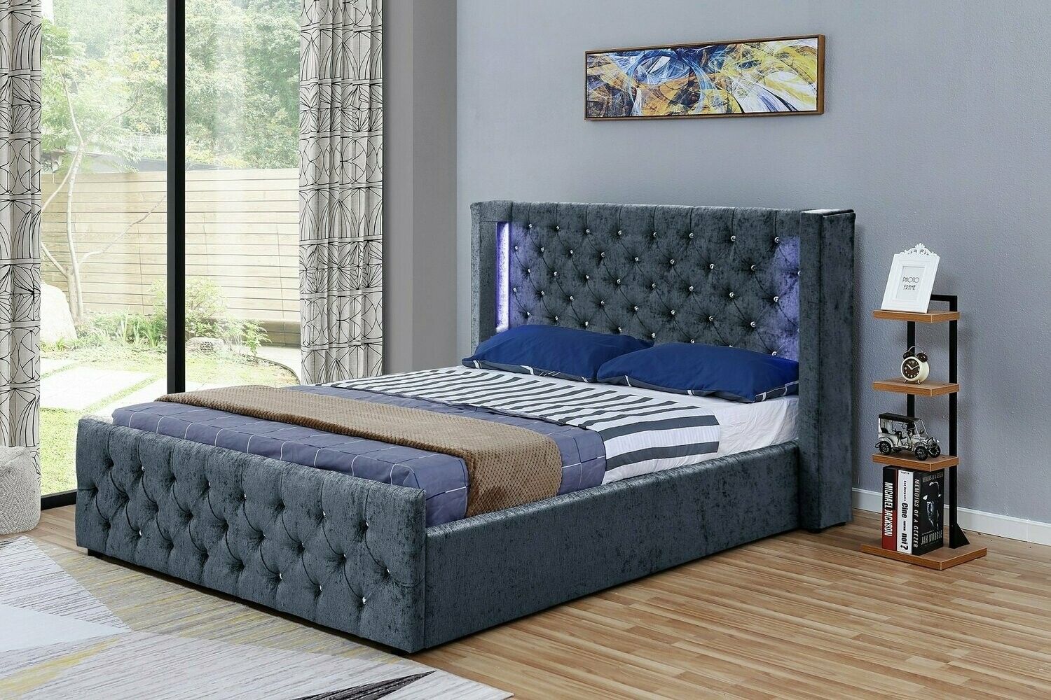 Eliza Charcoal Crushed Velvet LED Ottoman Double Bed Eliza Charcoal Crushed Velvet LED Ottoman Double Bed