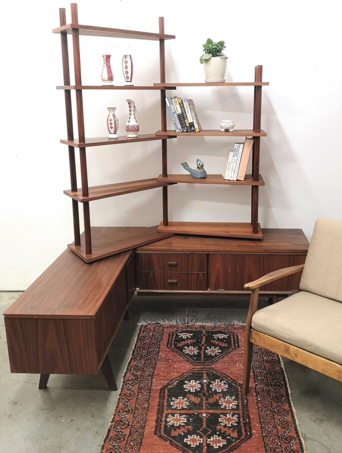 Mid Century Walnut L Shape Bookcase/Display