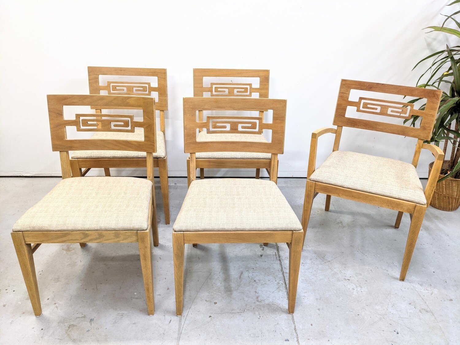 Set of 5 Mid Century Greek Key Blonde Oak Dining Chairs refinished and reupholstered