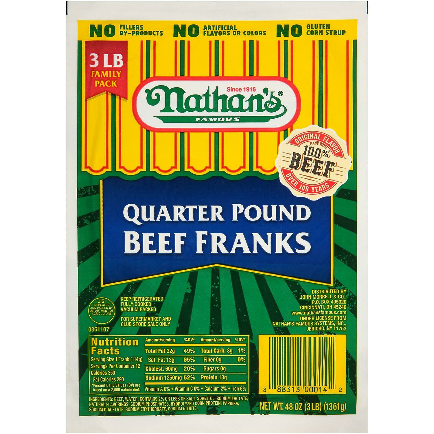 Hot Dogs 12ct Nathan's Quarter Pound Beef Franks