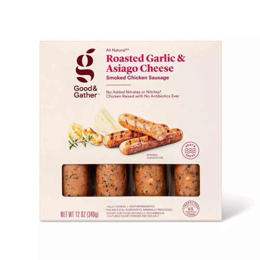 Good & Gather Sausages 4ct (contains pork) Roasted Garlic & Asiago (individually wrapped)