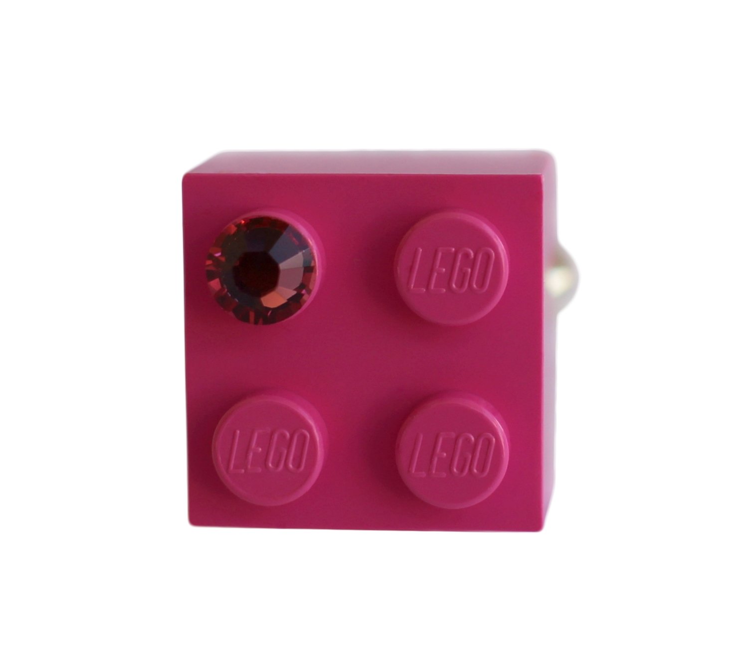 Dark Pink LEGO® brick 2x2 with a Pink SWAROVSKI® crystal on a Silver