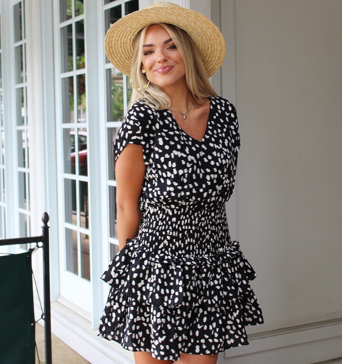 Black Dot Pleated Ruffle Dress