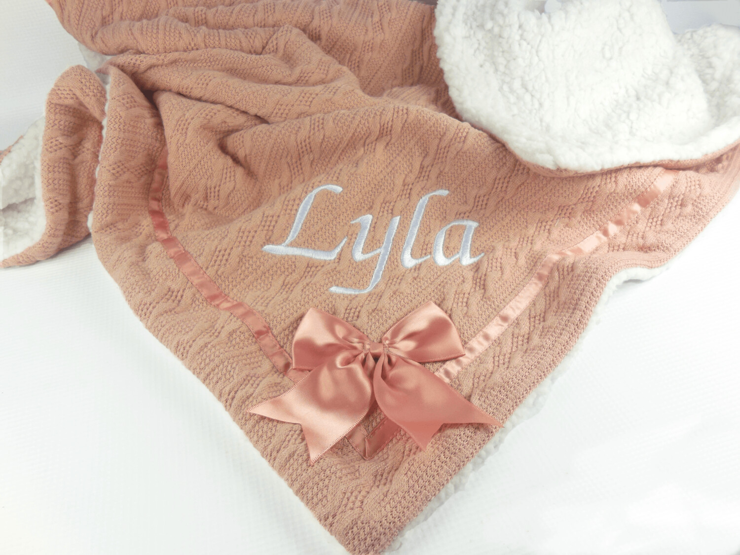 Cable Knit Baby Bow Blanket Rose Pink