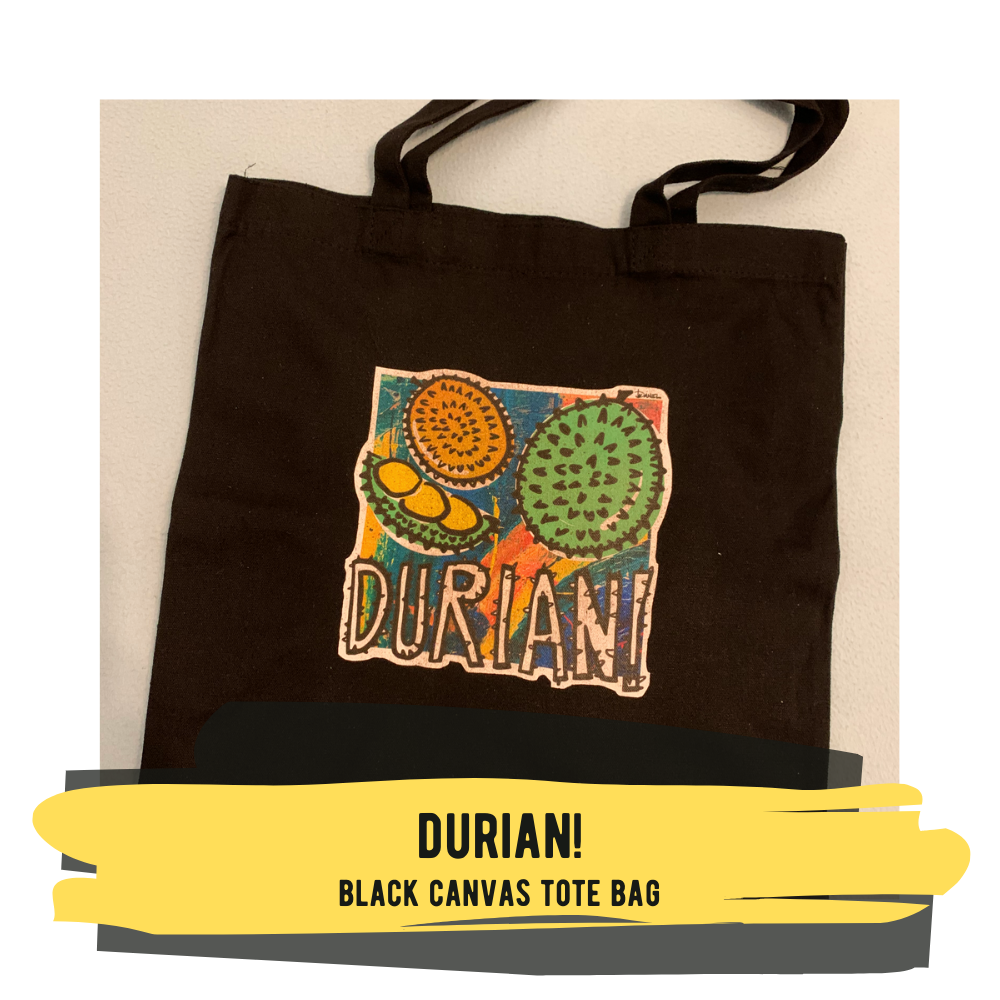 Black Canvas Tote Bag with Hand Drawn Durian Design