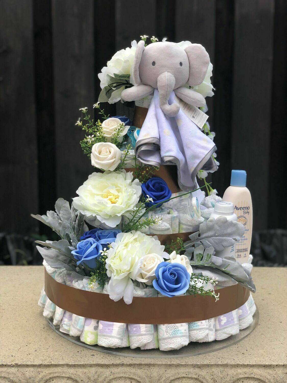 4 Tier, Blue Elephant Diaper Cake for Baby Boy, Diaper Cake Centerpiece
