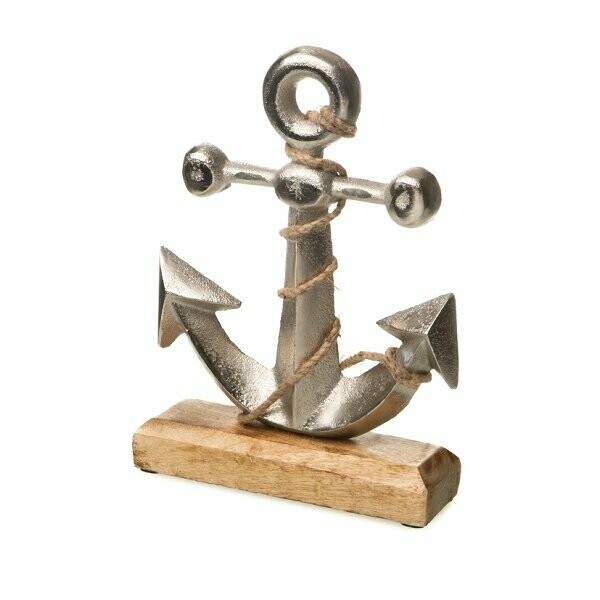 Metal Anker auf Stand Aluminium auf Mangoholz ca.15x5x22cm
