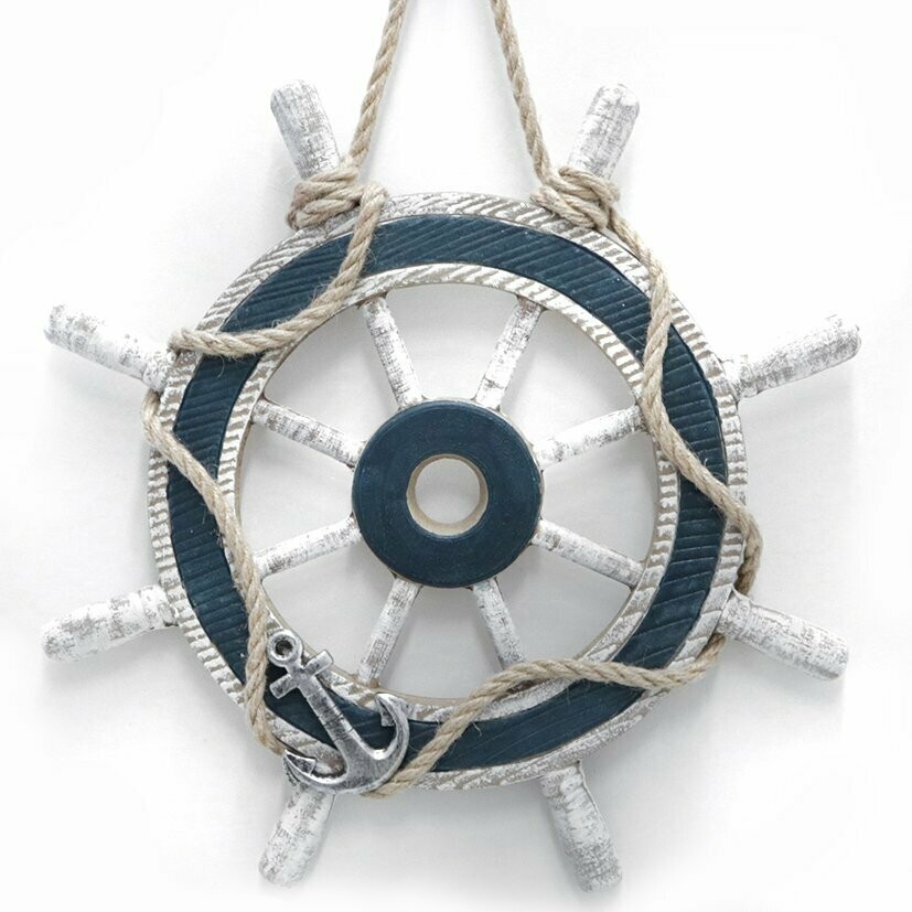 DekoSteuerrad mit Tau, mit AnkerDeko in Silber, antik