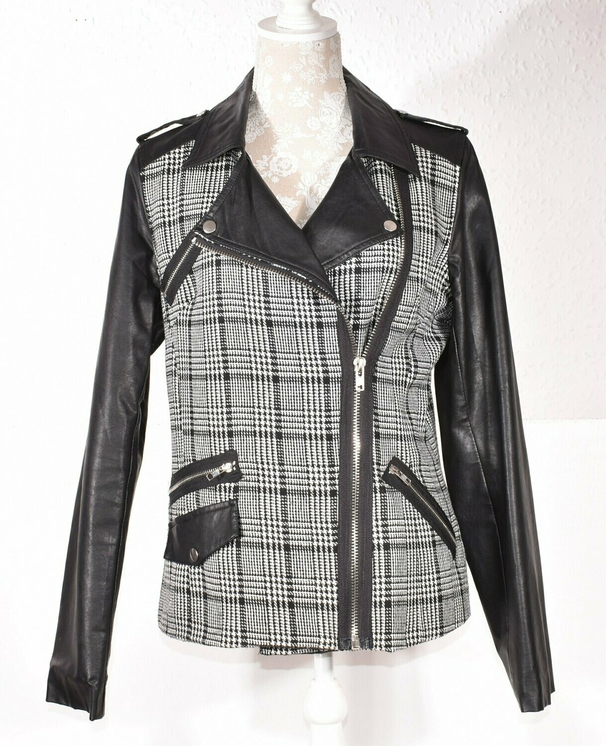 Vintage Black & White Dogtooth Check Biker Jacket by PARISIAN COLLECTION