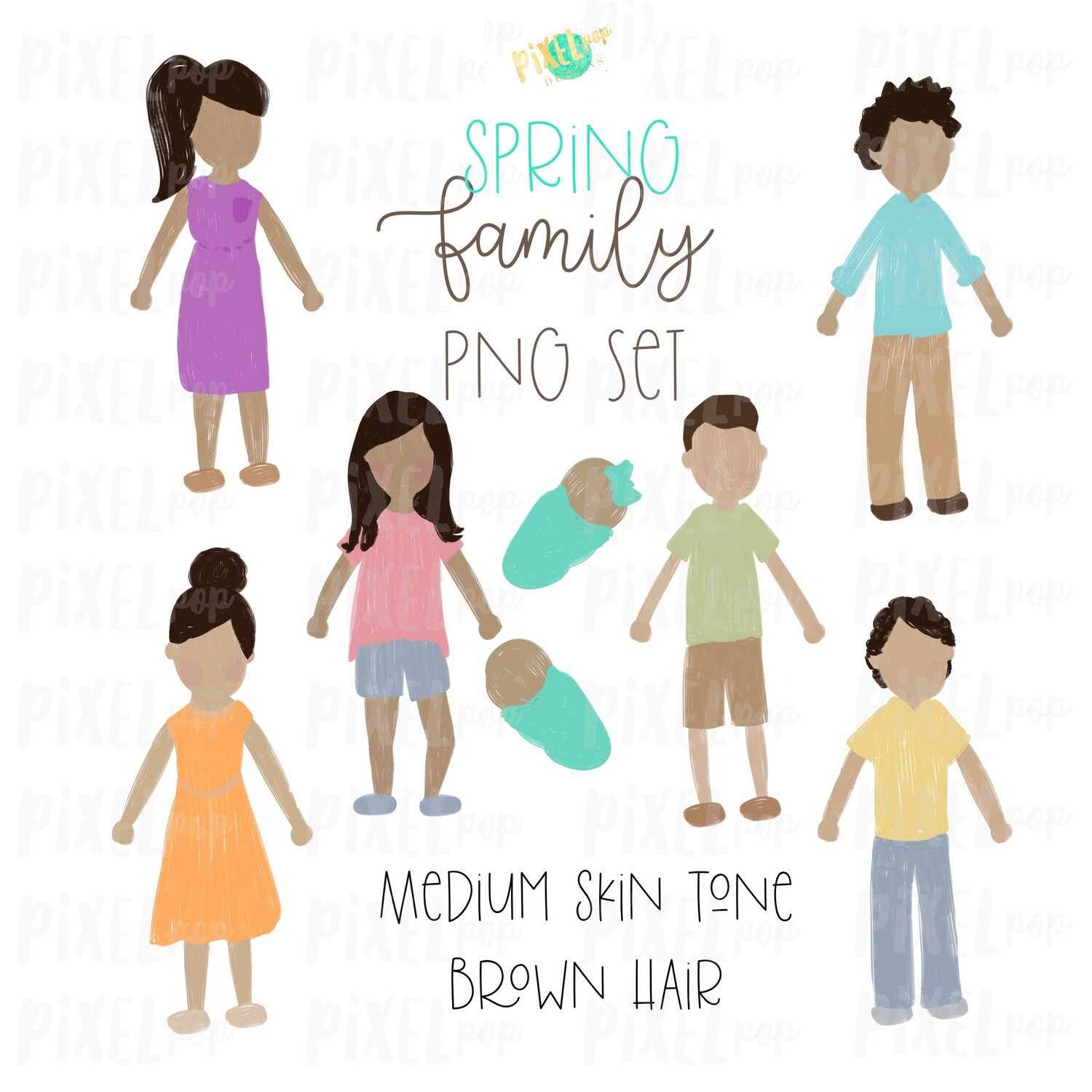 SPRING Medium Skin Brown Hair Stick People Figure Family PNG ...