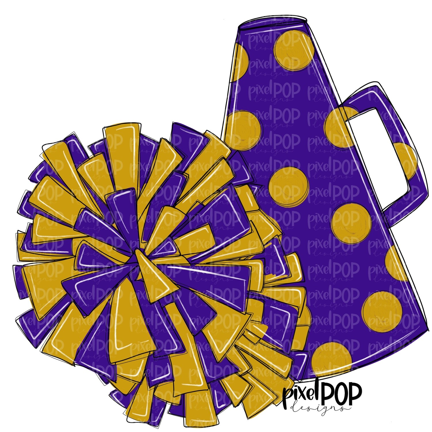 Cheerleading Megaphone and Poms Purple and Gold PNG | Cheerleading
