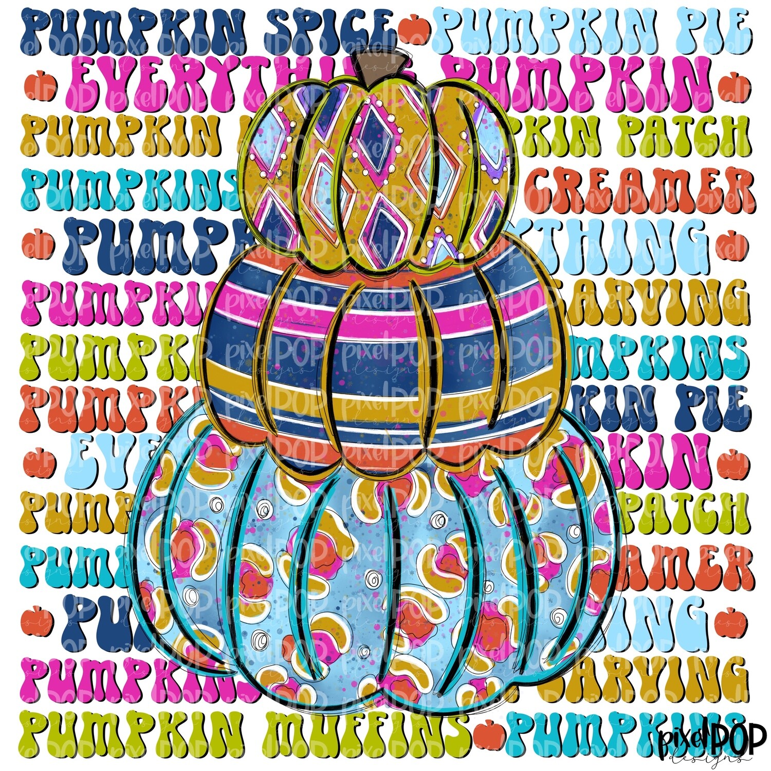 Trio Stacked Pumpkins with Pumpkin Words PNG | Halloween Pumpkin | Hand