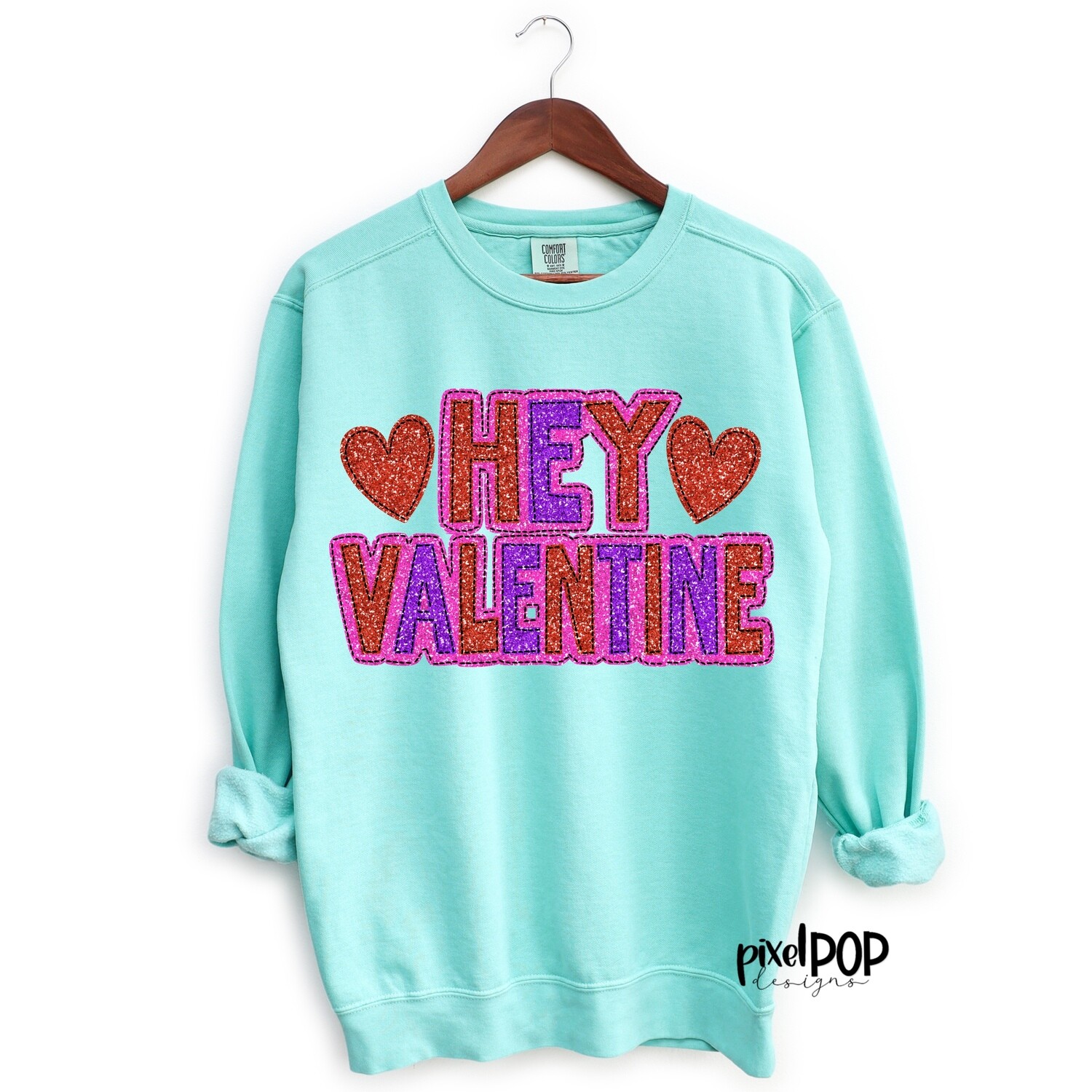 Hey Valentine Faux Glitter Hearts PNG Sublimation Valentine Hearts