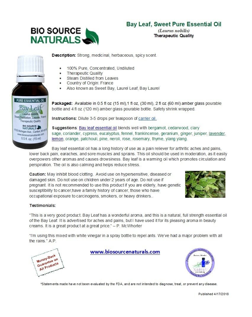 Download Bay Leaf (Sweet) Pure Essential Oil Bulletin Carrier Oils to