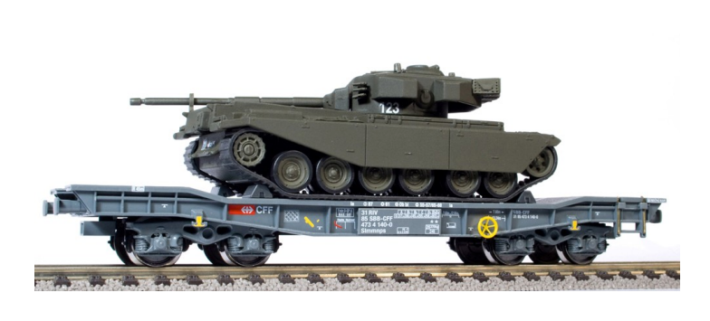 HAG 78005 / AC H0 | SBB Slmmnps Tiefladewagen mit Panzer Centurion (1)