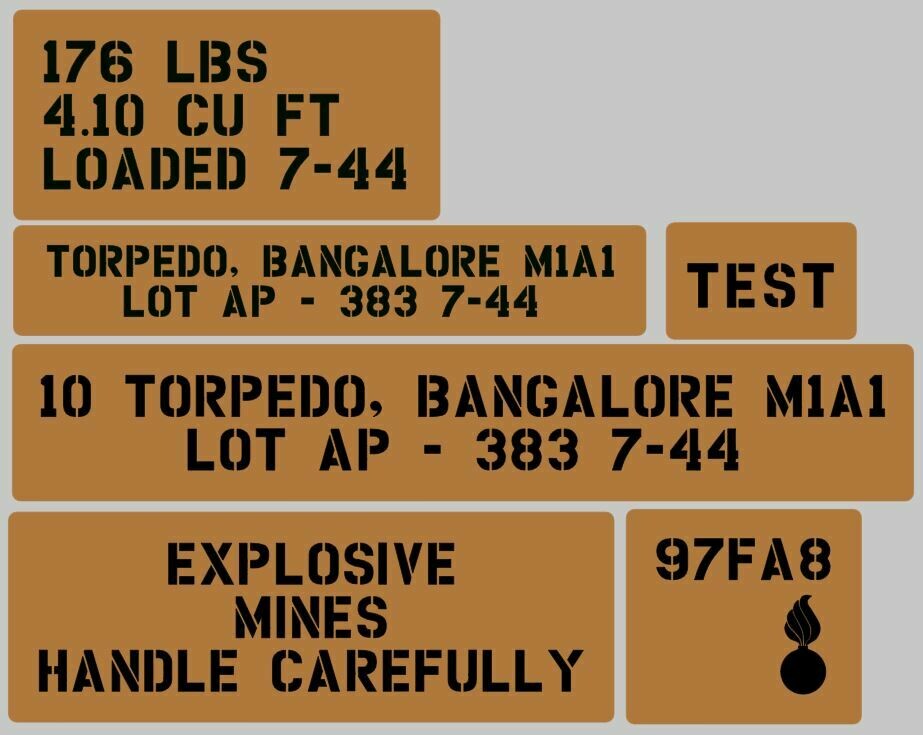 Bangalore torpedo crate stencil set for reenactors ww2
