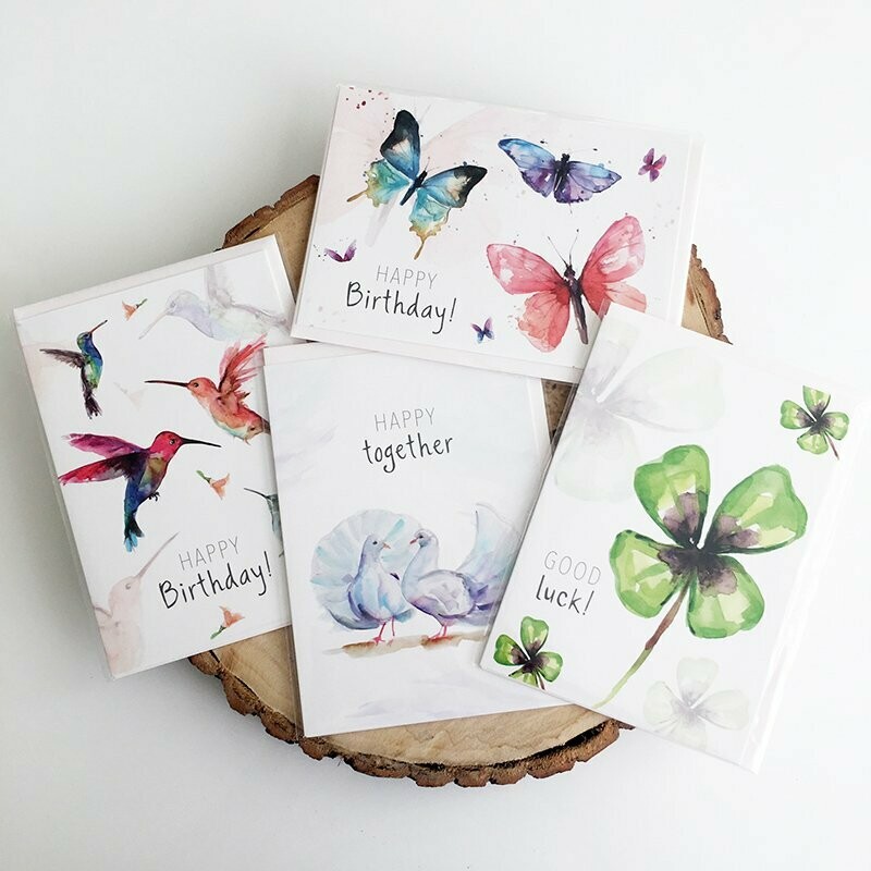 Set of 4 greeting cards with text
