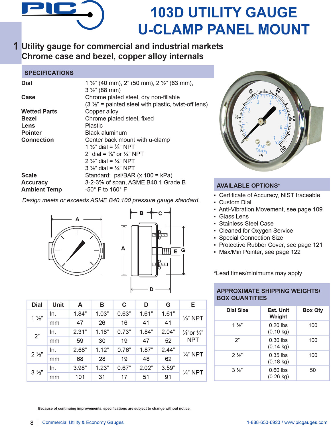 Utility Pressure Gauge, 1.5", 2", 2.5", & 3.5" Center Back Mount, UClamp