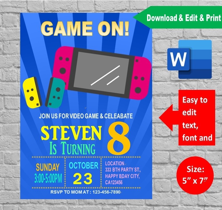 Nintendo Switch Birthday Invite Printable