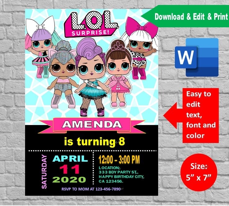 LOL Surprise Dolls Birthday Party Invitation template