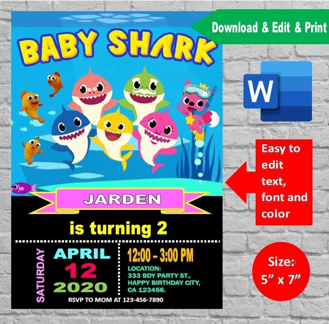 Baby Shark Invitation template Printable and Editable