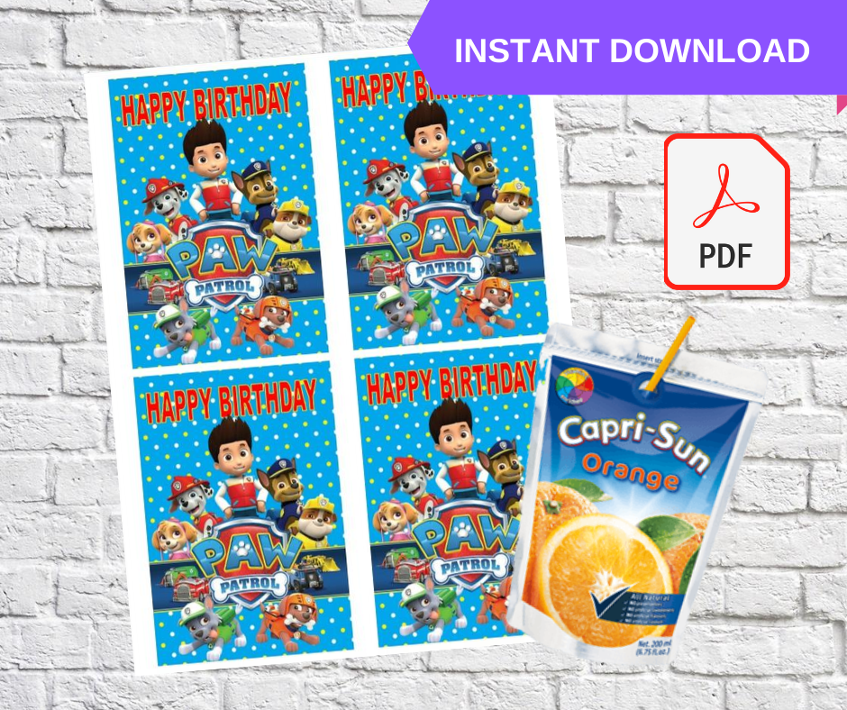Paw Patrol Party Capri Sun Juice Pouch Labels