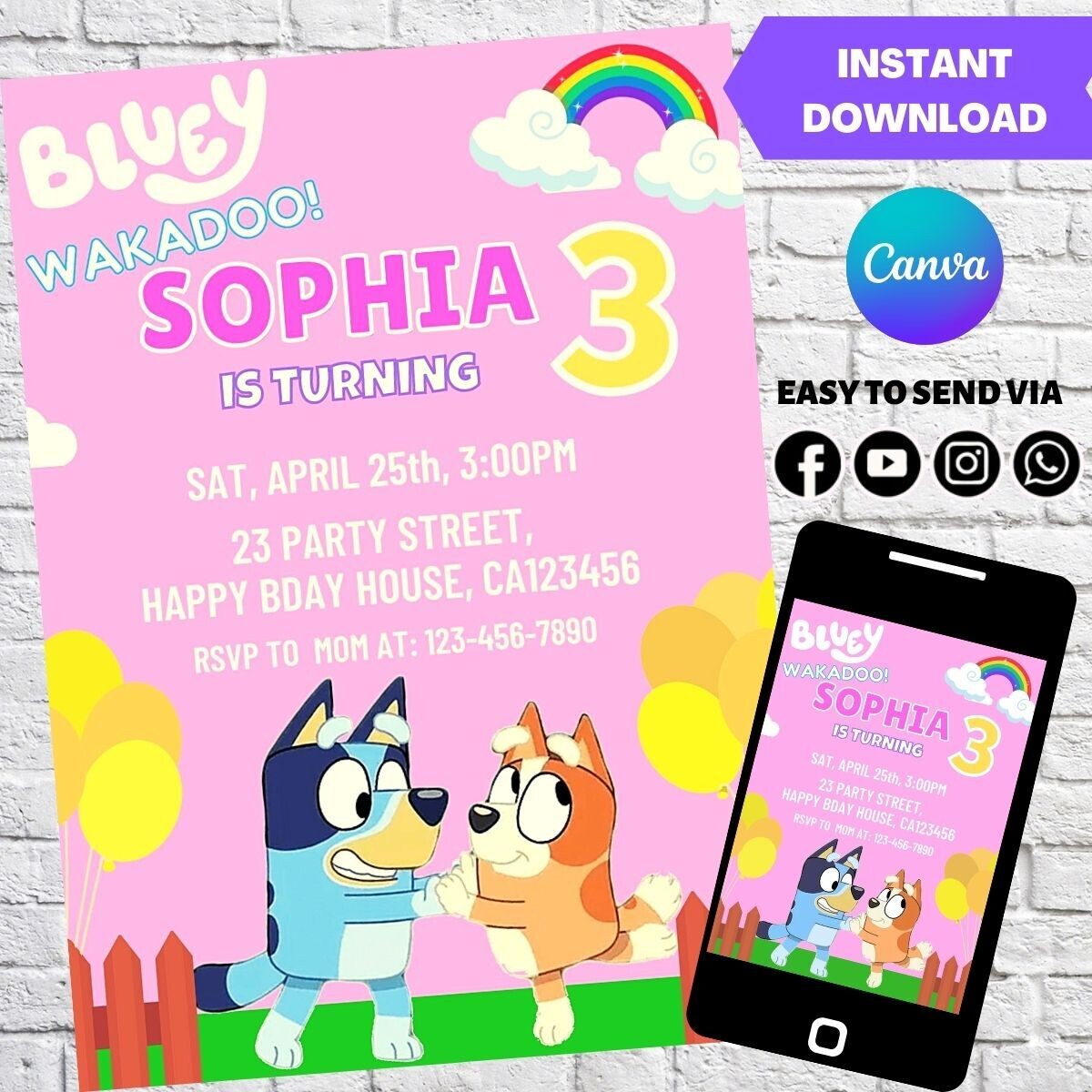 Bluey Girls Birthday Digital Invitation Template