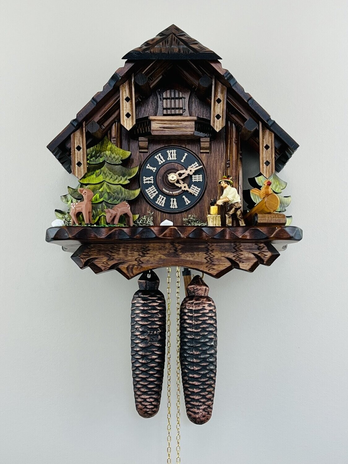 12" Eight Day Cuckoo Clock Cottage Man Chopping Wood