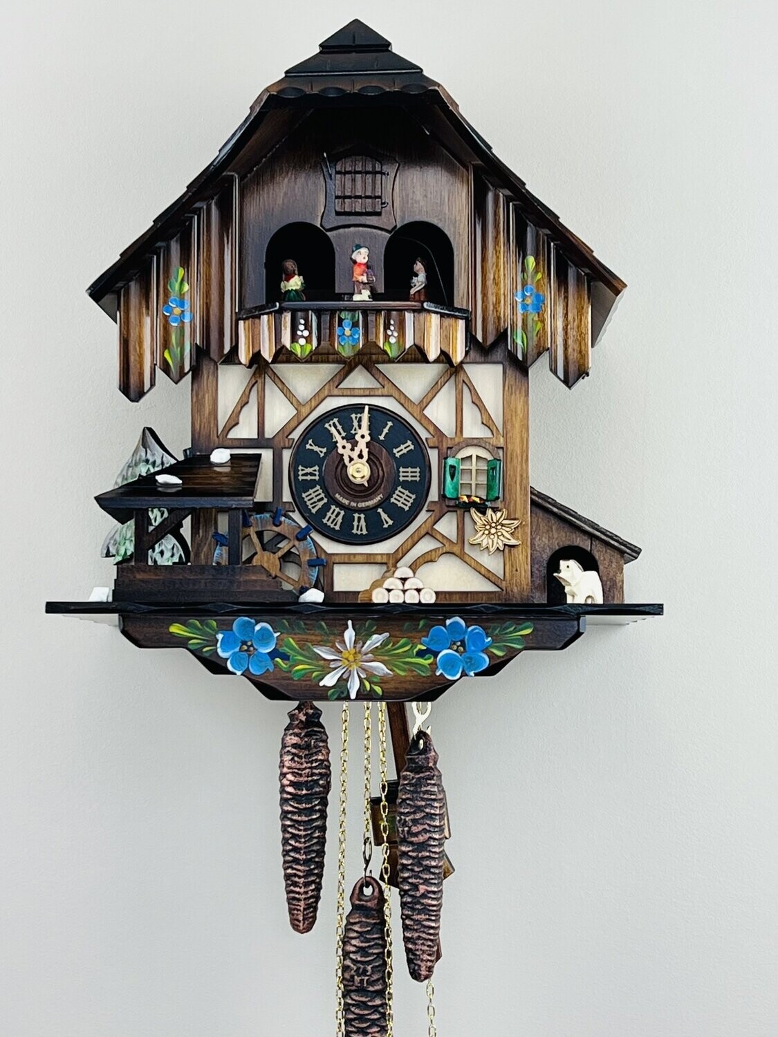 12" One Day Musical Cuckoo Clock Cottage with Dancers and Moving Waterwheel
