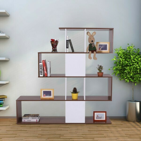 HOMCOM® Bücherregal Holz Wandregal Raumteiler S-Form 4 Fächer Weiss+Braun