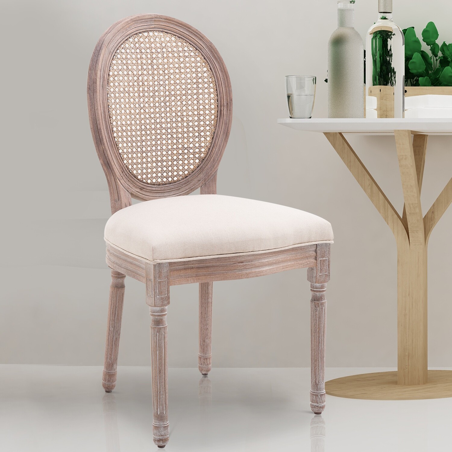 HOMCOM Esszimmerstuhl Mit Rattanlehne - Kunstleder Polsterstuhl Mit Holzbeinen