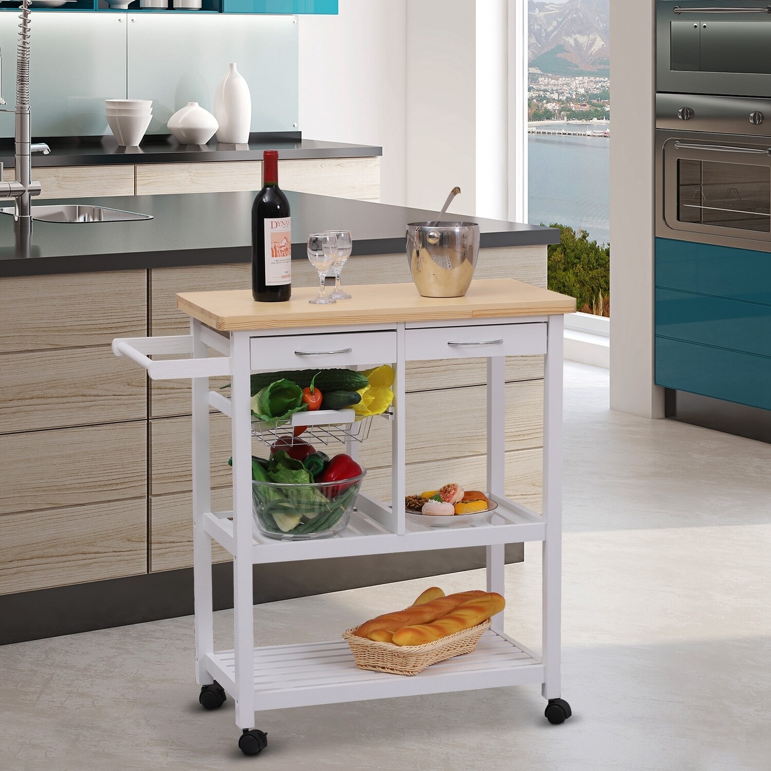HOMCOM® Servierwagen Küchenwagen Küchenrollwagen mit Rollen Korb