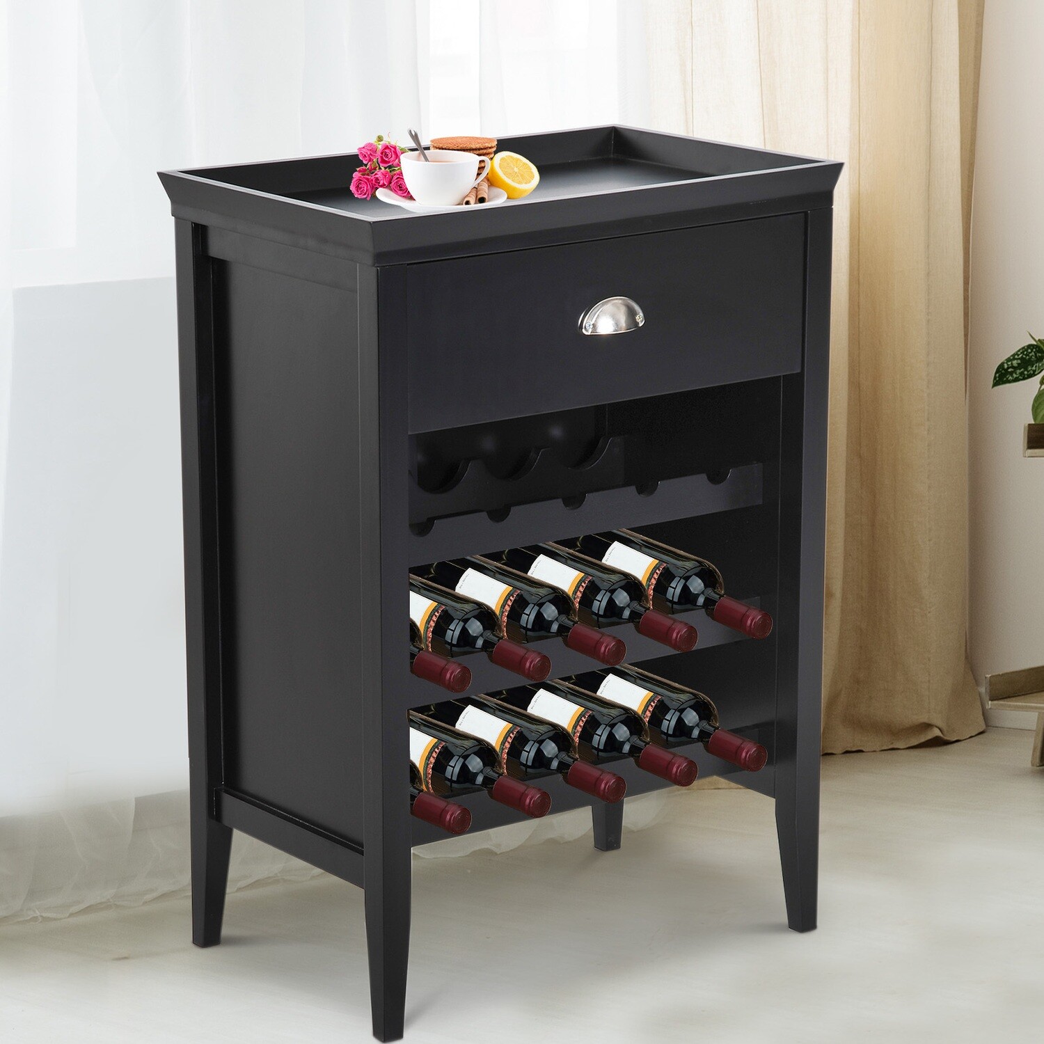 HOMCOM® Weinregal Weinschrank 3 Ebenen 15 Flaschen mit Schublade Schwarz