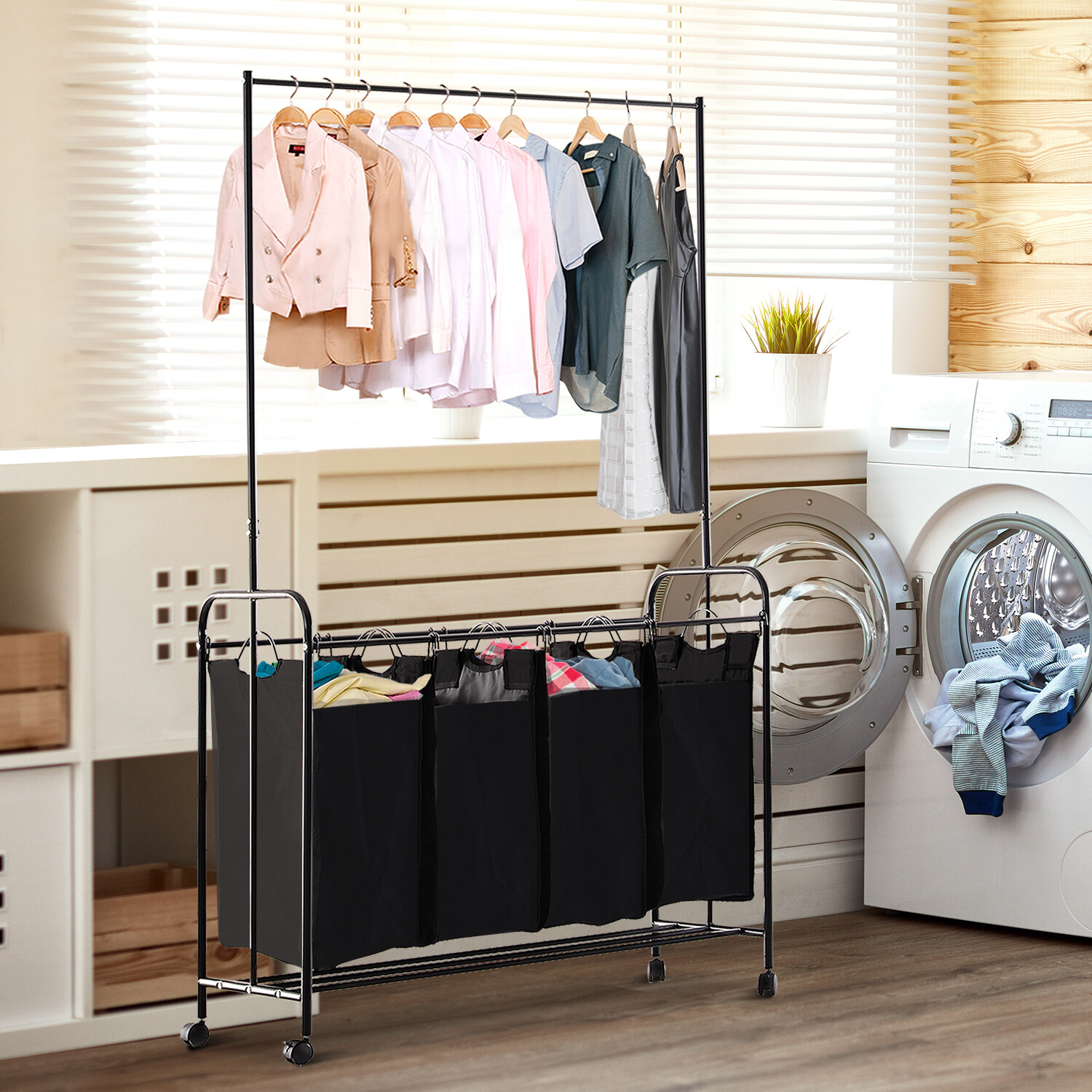 HOMCOM® Wäschekorb Wäschewagen 4 Sortiere Fächer Rollen Schwarz