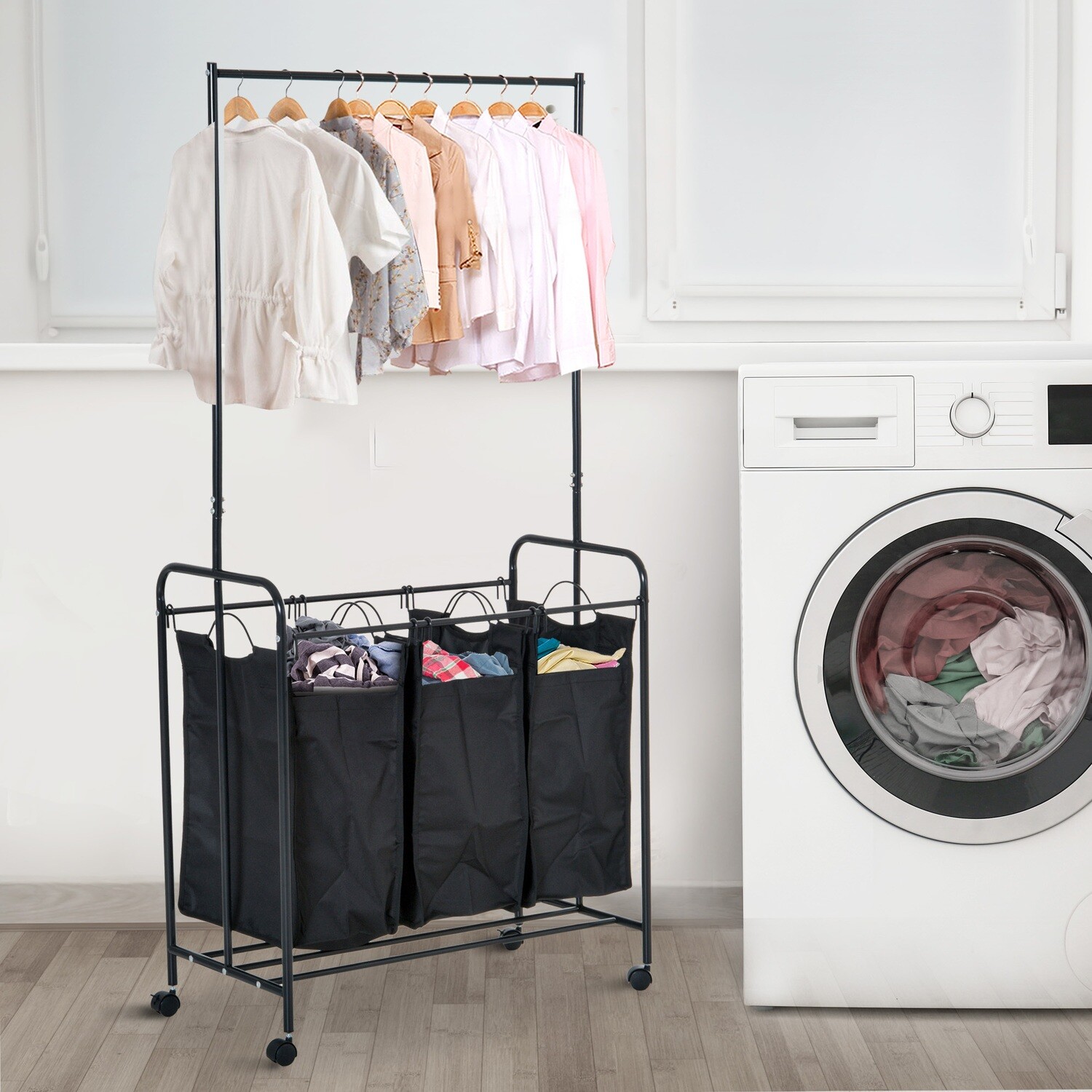 HOMCOM® Wäscheständer Wäschesortierer 3 Fächer Rollen Schwarz