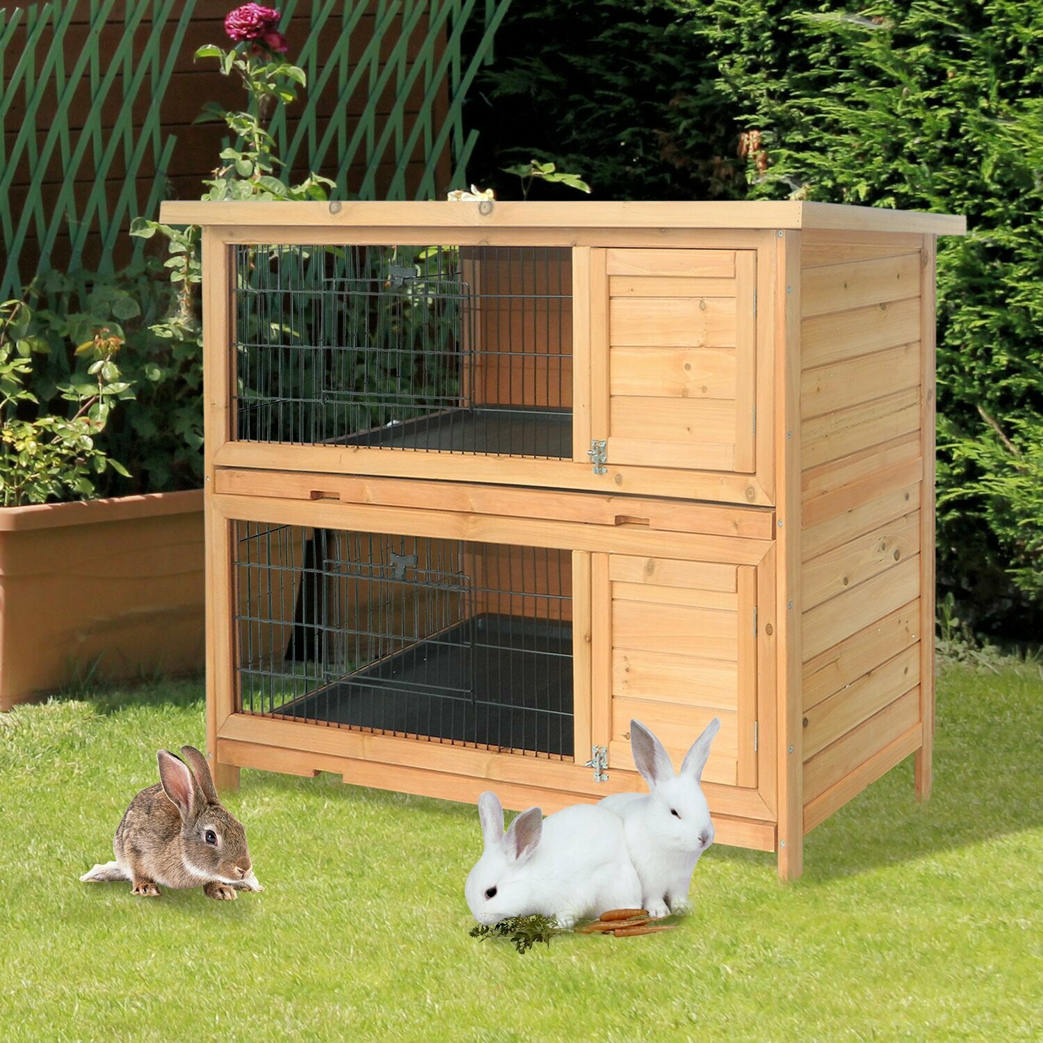 PawHut® Hasenstall doppelstöckig Tannenholz Natur