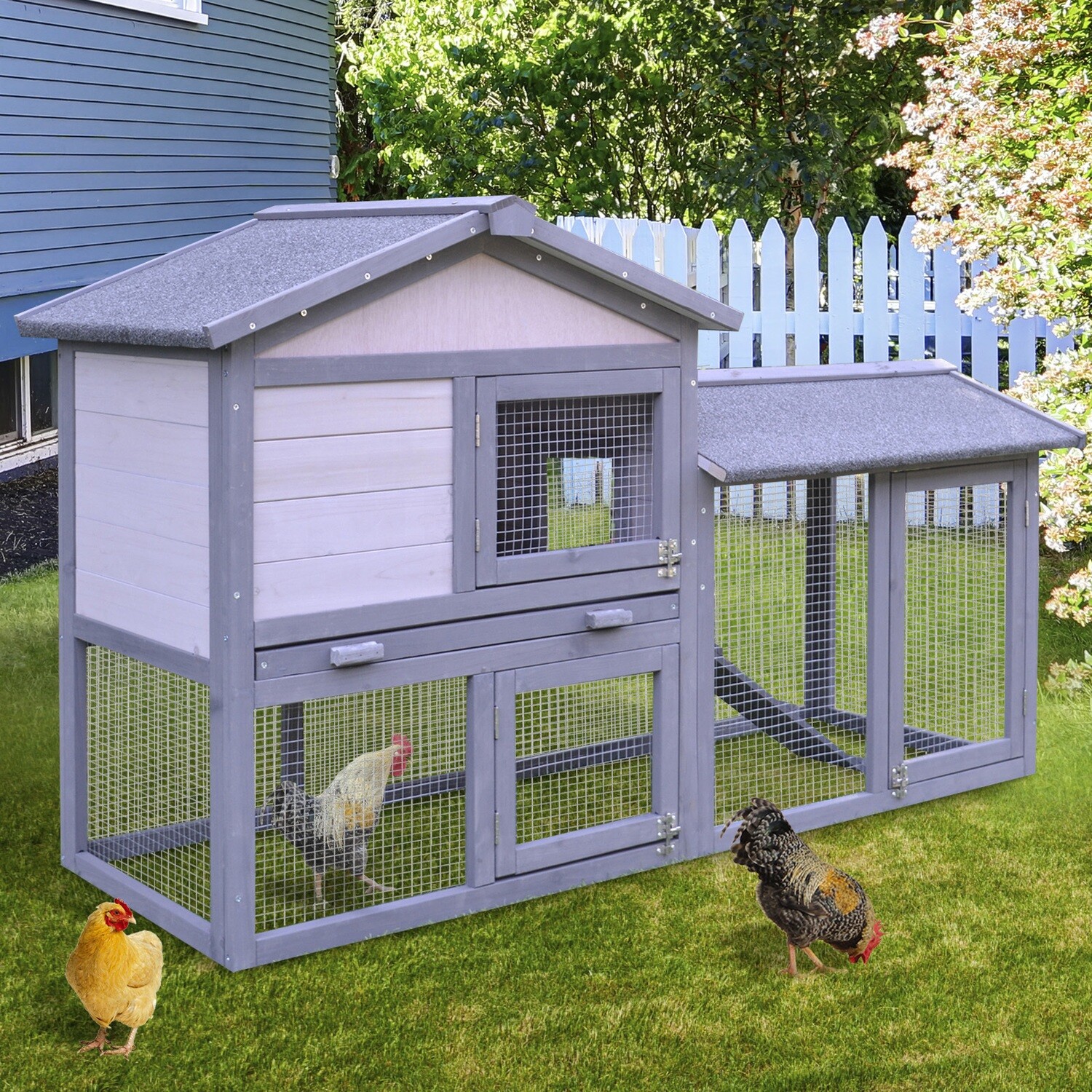 PawHut® Hasenstall Hasenkäfig Hühnerstall mit Freilauf Tannenholz Grau