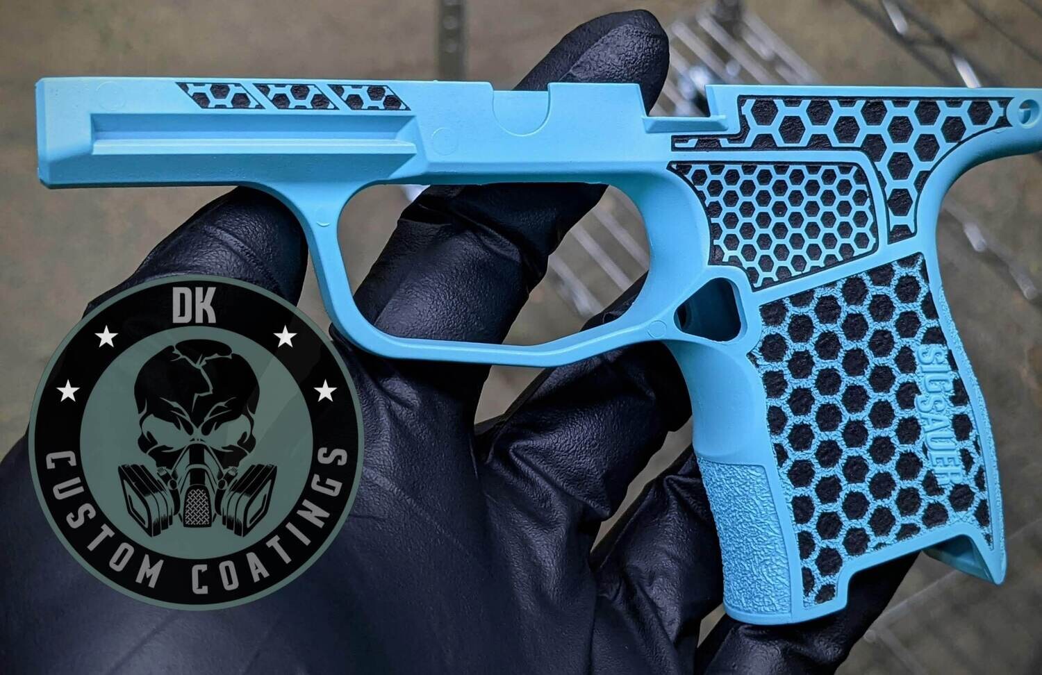 Sig P365 Grip Module with Robbins Egg Blue Cerakote and Hexagon Stippling