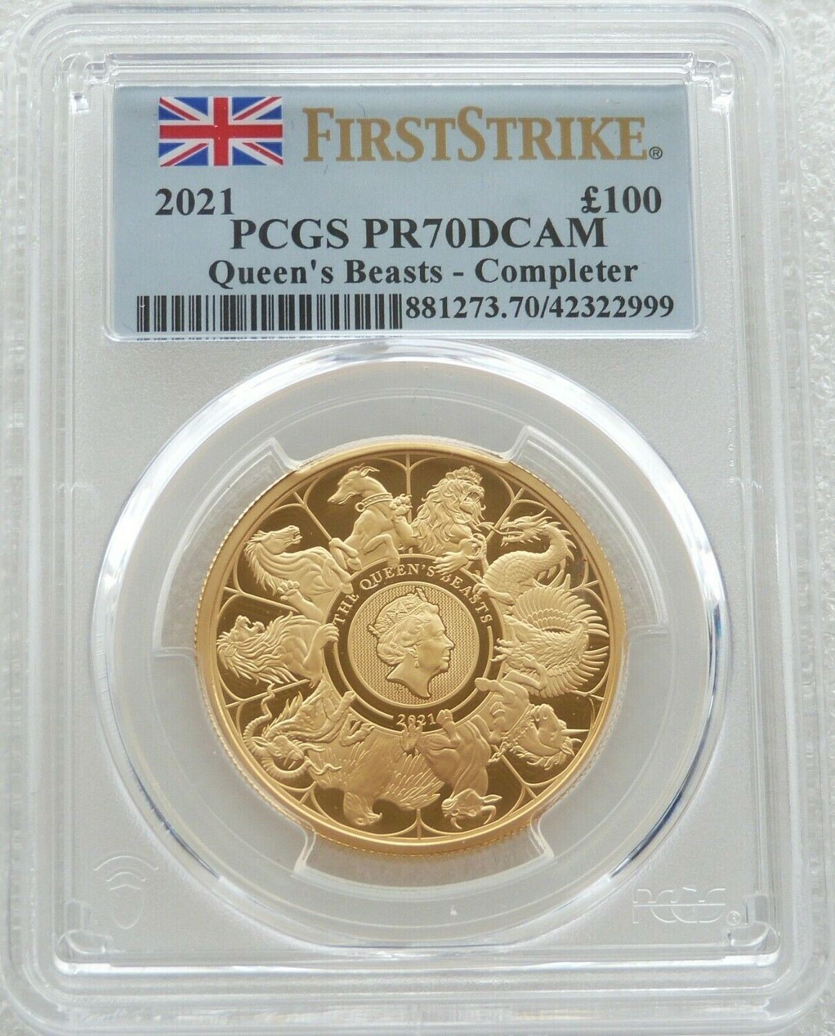 2021 Queens Beasts Completer £100 Gold Proof 1oz Coin PCGS PR70 DCAM