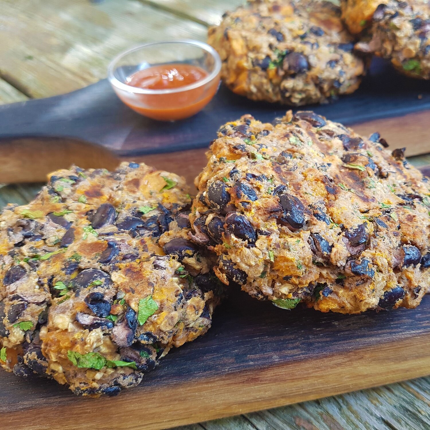 Sweet Potato Black Bean Patties with roasted vegetable medley & stuffed