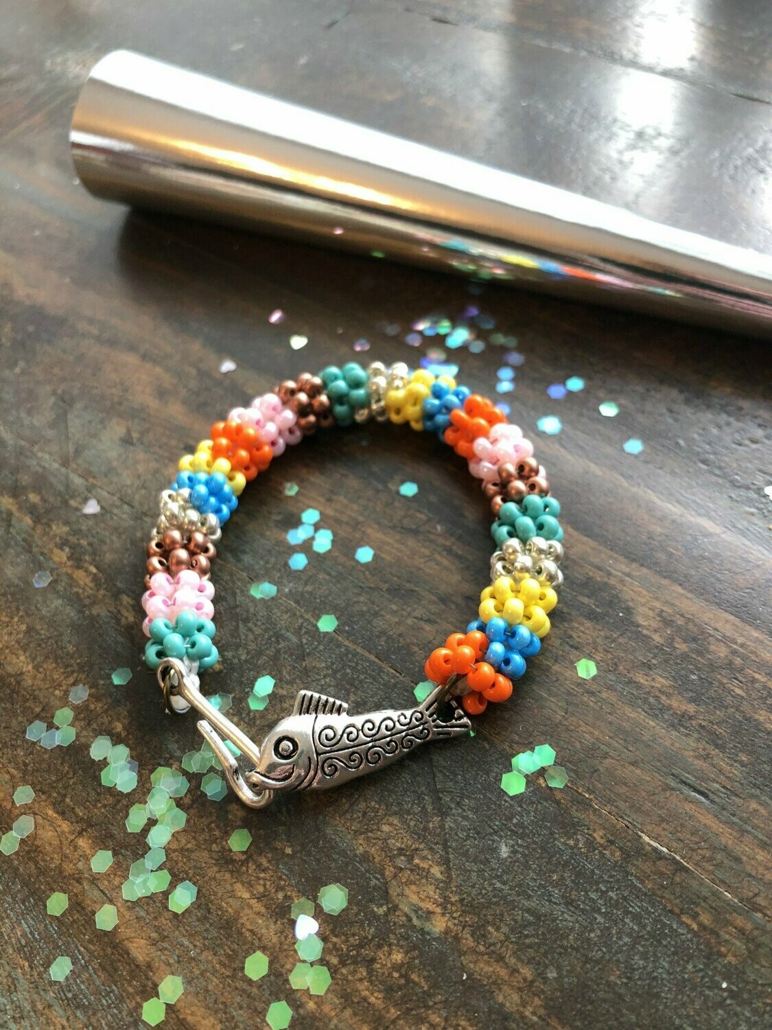 Large Seed Bead Wrapped Bracelet with Fish Clasp