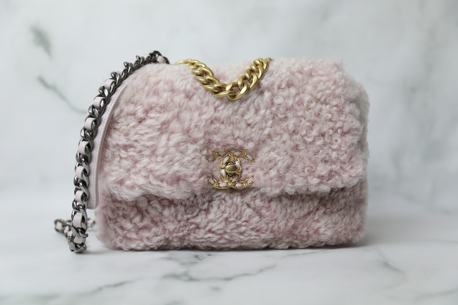 Chanel 19 Classic, Pink Shearling, New in Box WA001 Julia Rose Boston