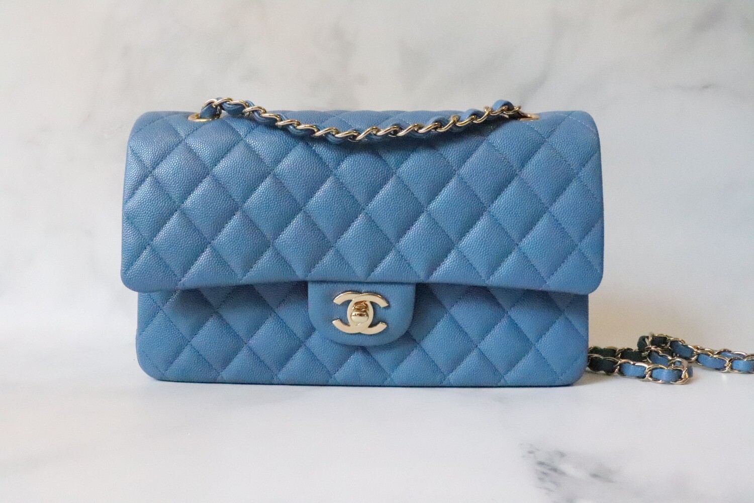 Chanel Classic Medium Double Flap, 20S Blue Caviar Leather, Shiny Gold