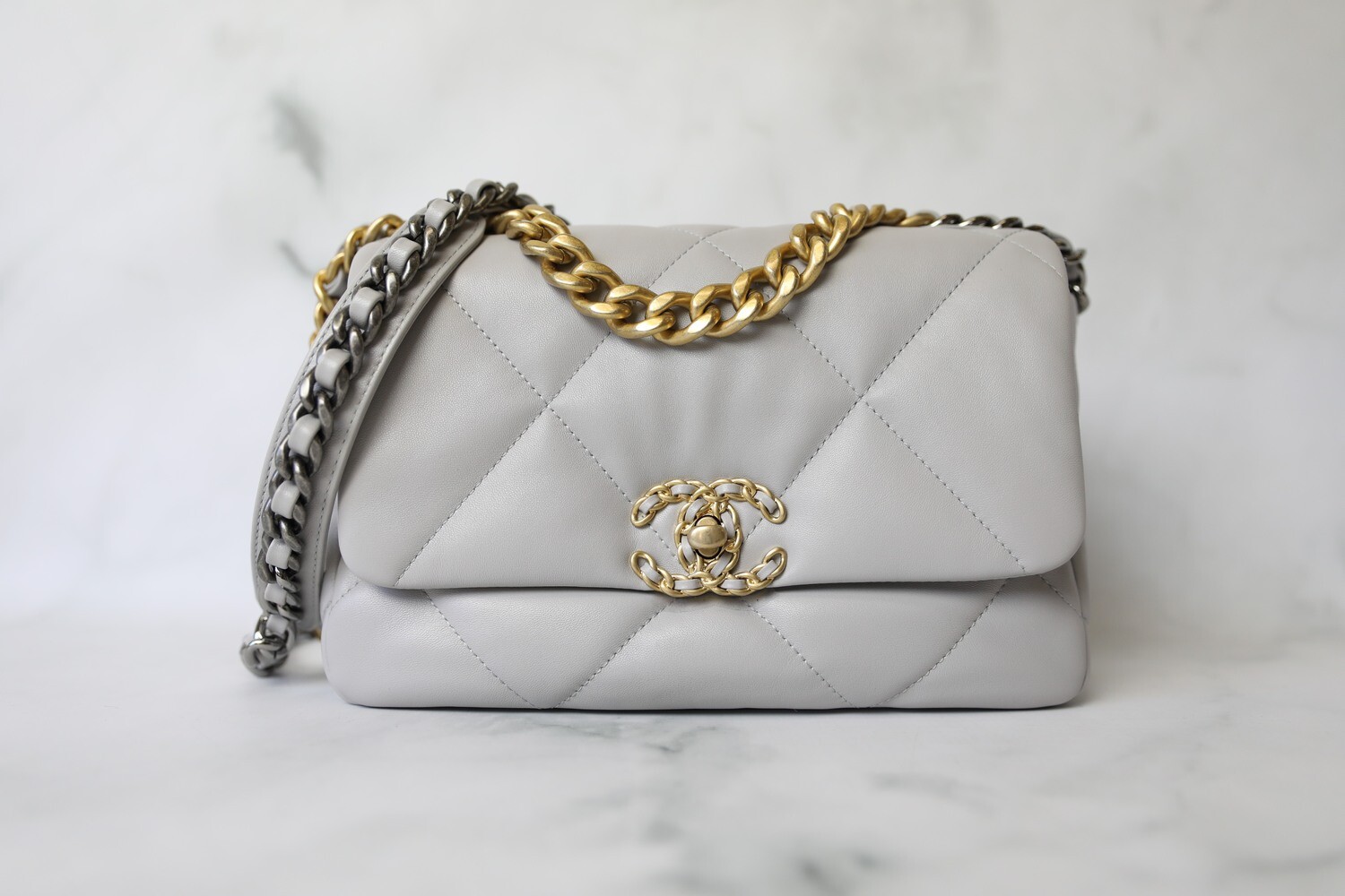 Chanel 19 Classic, 21A Grey Lambskin, New in Box Julia Rose Boston Shop