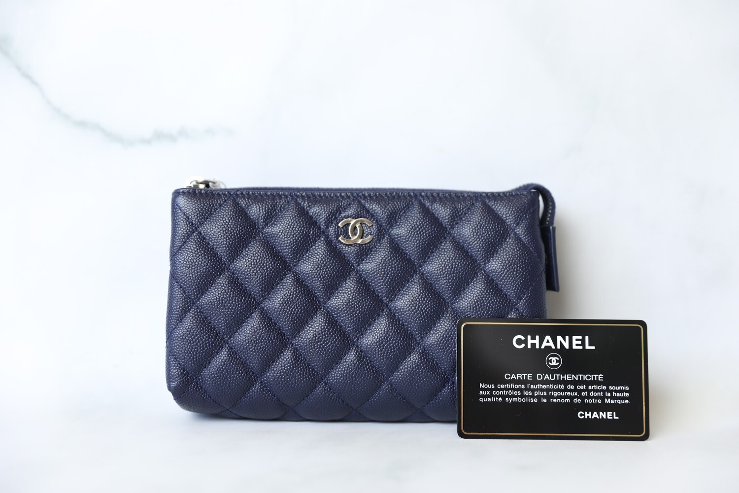Chanel SLG Quilted Cosmetic Pouch, Navy caviar with Silver Hardware