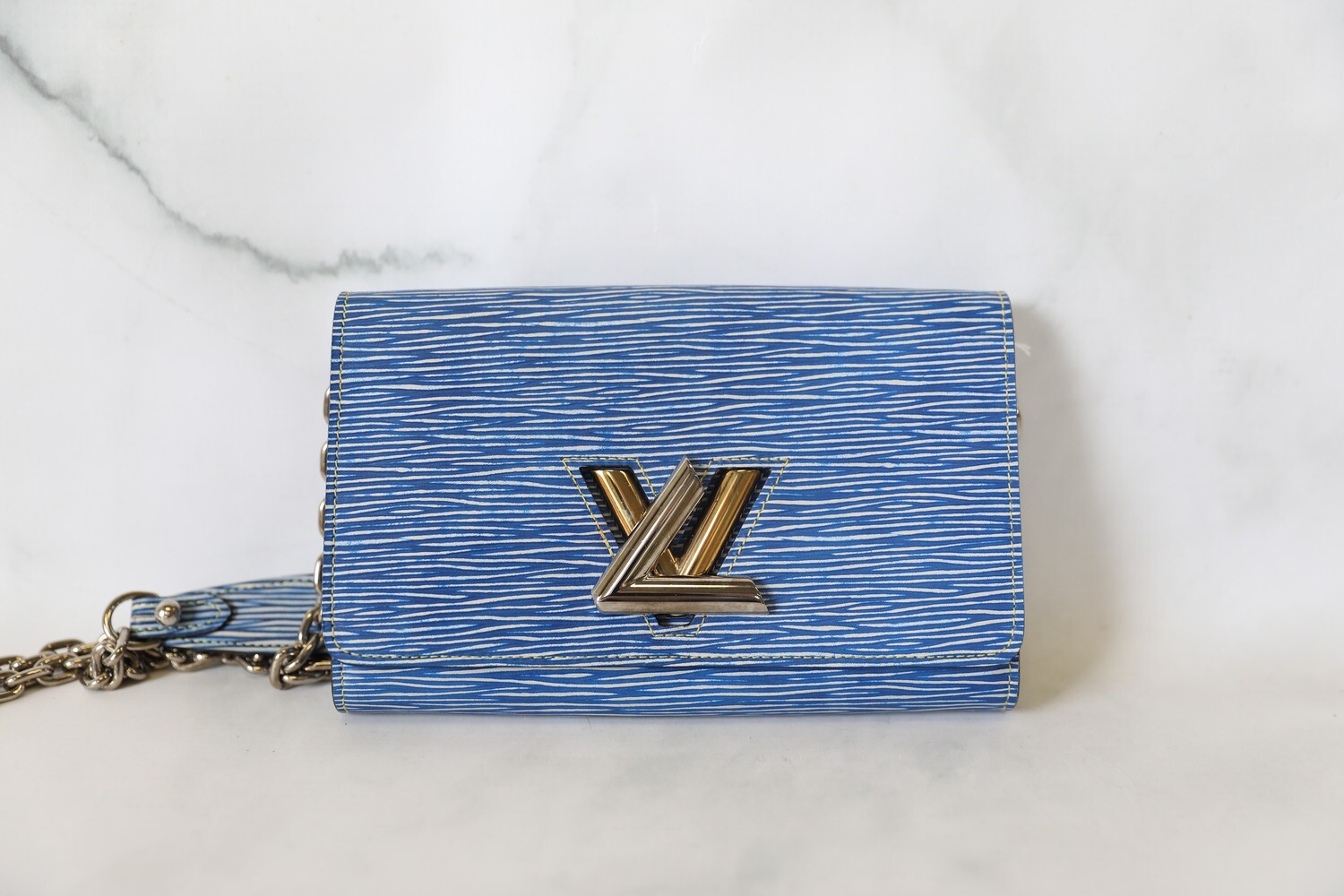 Louis Vuitton Twist Wallet on Chain, Blue Denim Leather, Preowned in