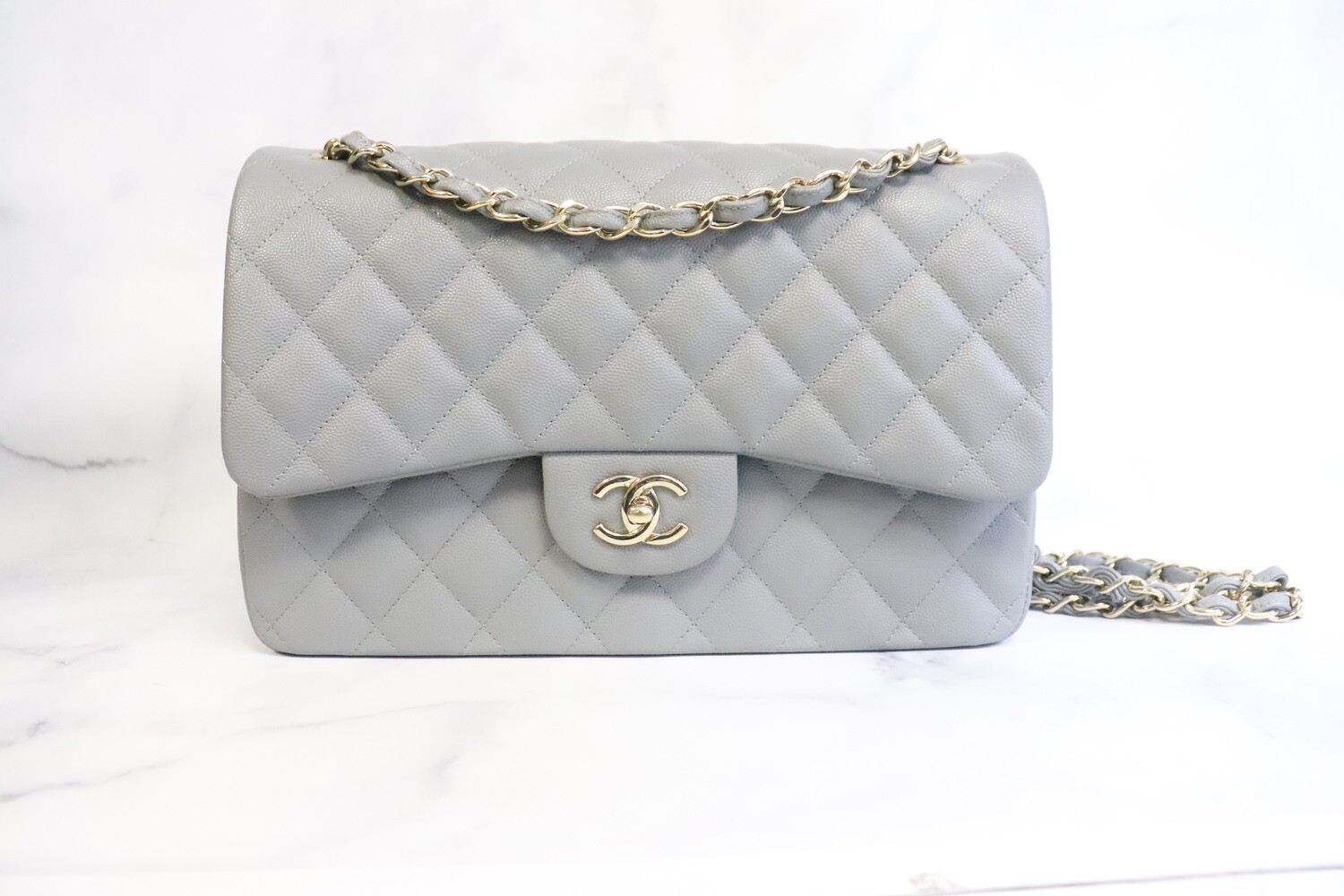 Chanel Classic Jumbo Double Flap, 20C Grey Caviar Leather, Gold
