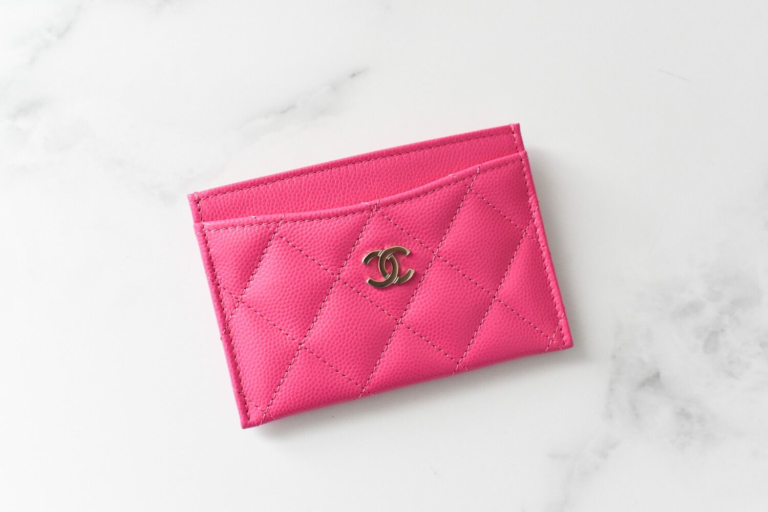 Chanel SLG Flat Cardholder, 22P Hot Pink Caviar Leather with Gold