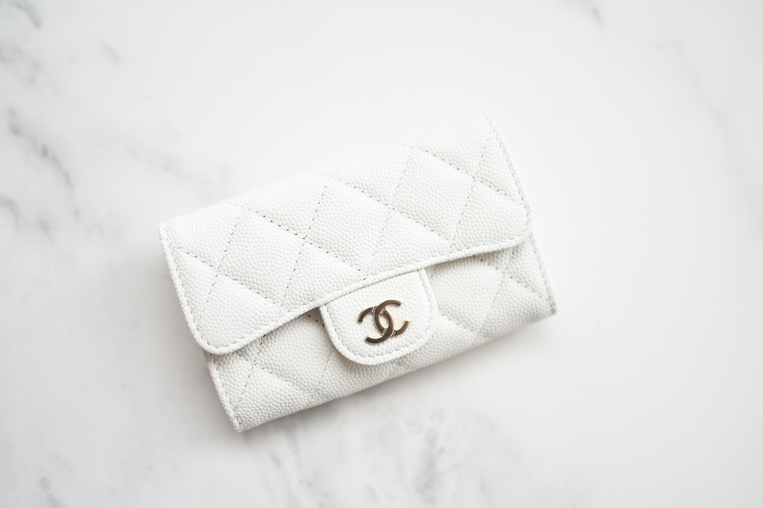 Chanel SLG Snap Card Holder, 22B White Caviar Leather with Gold