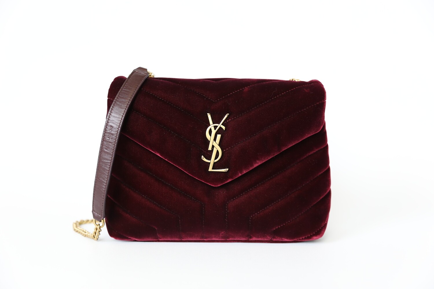 Saint Laurent Lou Lou Small, Red Velvet with Gold Hardware, Preowned in